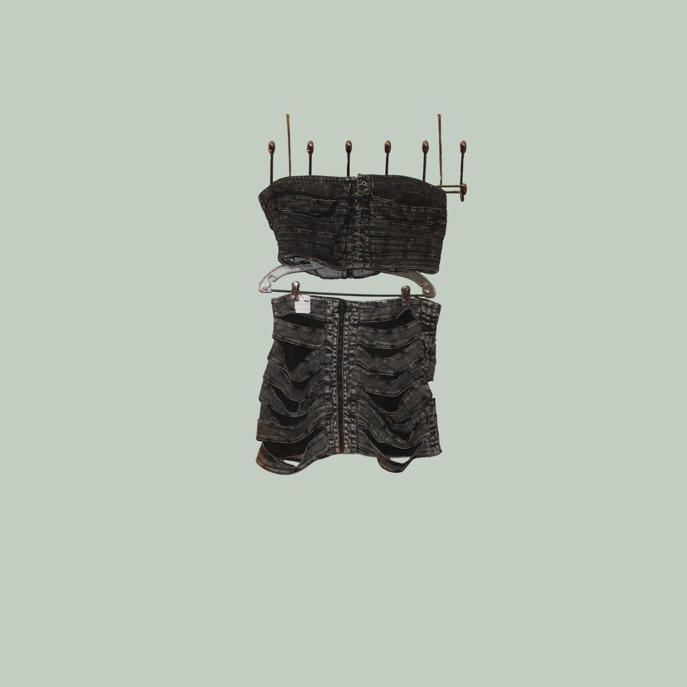 Fashion Nova Washed Black Denim 2 Piece Set Lace Up Corset Top Cut Out Skirt 1X